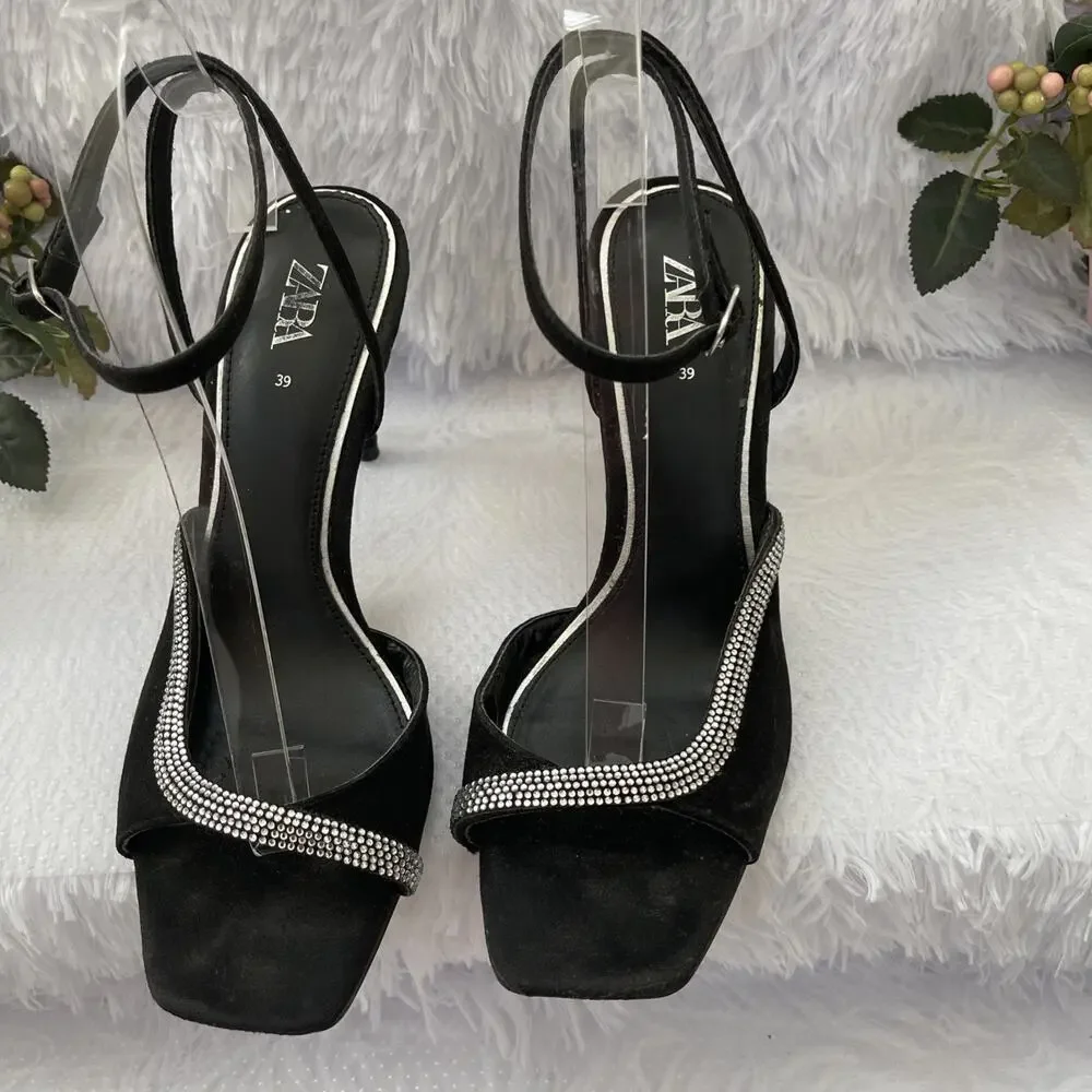 ZARA Black Rhinestone Square Toe Slingback Stiletto Heels EU 39 Women’s - Picture 4 of 8